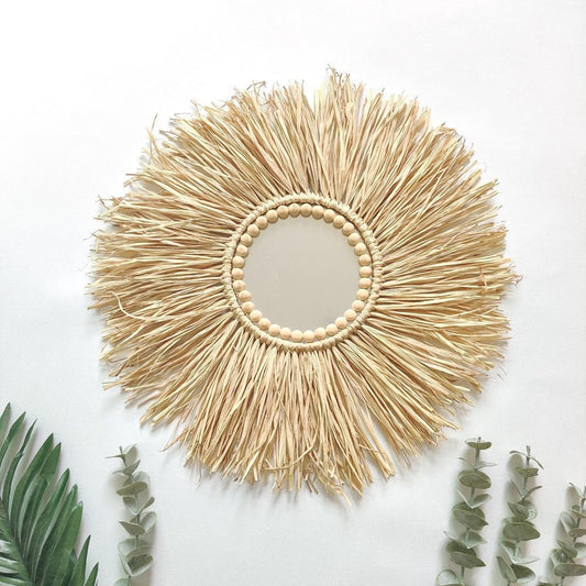 Boho Wall Mirror Decor: Raffia Straw Mirror Wall Decor Round Handmade Wall Art for Children Room Decor Living Rooms Bedrooms Display Table Settings Home Kitchen 18Inch (Mirror)